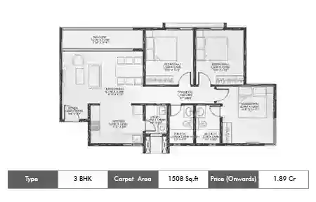 3 BHK-1508 Sq. ft Floor Plan