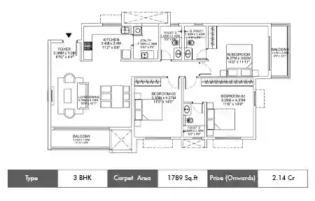 3 BHK-1789 Sq.ft. Floor Plan
